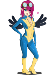 Size: 2625x3500 | Tagged: safe, artist:noah-x3, oc, oc only, oc:neon flare, human, boots, breasts, cleavage, clothes, female, goggles, high res, humanized, one eye closed, shoes, simple background, solo, transparent background, uniform, winged humanization, wings, wink, wonderbolts uniform
