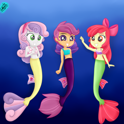 Size: 1800x1800 | Tagged: safe, artist:liniitadash23, derpibooru import, apple bloom, scootaloo, sweetie belle, mermaid, seapony (g4), equestria girls, surf and/or turf, bow, clothes, cute, cutie mark crusaders, equestria girls interpretation, fin wings, fins, hairband, mermaidized, ocean, scene interpretation, sea-mcs, seaponified, seapony apple bloom, seapony scootaloo, seapony sweetie belle, signature, species swap, the cmc's cutie marks, underwater, wings