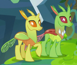 Size: 354x297 | Tagged: safe, derpibooru import, screencap, clypeus, changedling, changeling, to change a changeling, background changeling, cropped, duo, raised hoof