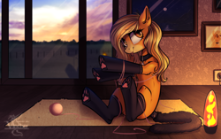 Size: 3762x2358 | Tagged: safe, artist:vincher, derpibooru import, oc, oc only, oc:mistie pone, earth pony, pony, behaving like a cat, cat tail, clothes, collar, commission, female, lava lamp, looking at you, mare, paw socks, sitting, socks, solo, tongue out, yarn, yarn ball, ych result