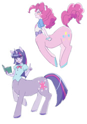 Size: 700x1000 | Tagged: safe, artist:misochikin, pinkie pie, twilight sparkle, centaur, horse, human, ponytaur, taur, equestria girls, book, duo, female, pixiv, that pony sure does love books