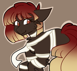 Size: 400x370 | Tagged: safe, artist:flamekitties, derpibooru import, oc, oc only, oc:mumma mysteria, earth pony, pony, bandage, brown background, commission, female, mare, simple background, solo, tape