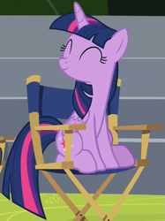 Size: 719x963 | Tagged: safe, derpibooru import, screencap, twilight sparkle, twilight sparkle (alicorn), alicorn, pony, horse play, chair, cropped, cute, director's chair, eyes closed, female, happy, mare, sitting, solo, twiabetes