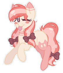 Size: 800x930 | Tagged: safe, artist:adostume, derpibooru import, oc, oc only, earth pony, pony, blushing, bow, hair bow, raspberry, simple background, smiling, solo, tail bow, tongue out, transparent background