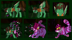 Size: 1023x573 | Tagged: safe, artist:nintendomain, oc, oc only, oc:frost d. tart, alicorn, pony, alice in wonderland, alicorn oc, cheshire cat, disney, eating, mushroom, solo, transformation, transformation sequence