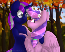 Size: 891x720 | Tagged: safe, artist:tigra0118, derpibooru import, oc, oc only, oc:apath, oc:moonlight blossom, pegasus, pony, unicorn, apassom, couple, female, glasses, leaves, male, mare, shipping, stallion, straight, tree