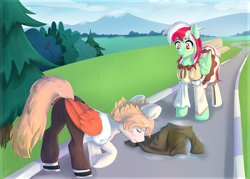 Size: 2800x2000 | Tagged: safe, artist:tigra0118, derpibooru import, oc, pony, bench, couple, female, male, scenery, shipping, tree