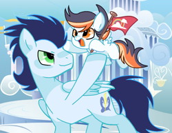 Size: 1144x882 | Tagged: safe, artist:thesmall-artist, derpibooru import, soarin', oc, oc:shining ray, pegasus, pony, base used, colt, father and child, father and son, flag, male, offspring, parent and child, parent:soarin', parent:spitfire, parents:soarinfire