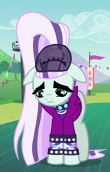 Size: 346x540 | Tagged: safe, screencap, coloratura, pony, the mane attraction, clothes, countess coloratura, cropped, floppy ears, frown, looking down, sad, solo