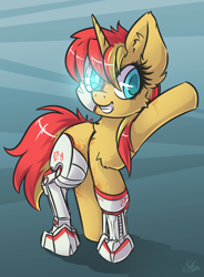 Size: 882x1200 | Tagged: safe, artist:sapphfyr, oc, oc only, oc:27-a, cyborg, pony, unicorn, amputee, female, glowing eyes, mare, prosthetic eye, prosthetic limb, prosthetics, scar, simple background, smiling, solo