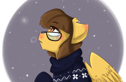 Size: 1280x840 | Tagged: safe, artist:tavifly, derpibooru import, oc, pegasus, pony, breathing, brown eyes, brown hair, clothes, glasses, male, snow, snowfall, snowflake, solo, sweater, wings