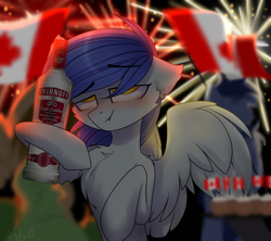 Size: 1024x909 | Tagged: safe, artist:starlyflygallery, oc, oc only, oc:gabriel, pegasus, pony, alcohol, blushing, canada, canada day, chest fluff, female, fireworks, flag, mare, smirnoff, solo, vodka