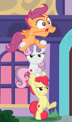 Size: 353x592 | Tagged: safe, derpibooru import, screencap, apple bloom, scootaloo, sweetie belle, marks for effort, spoiler:s08, cropped, cutie mark crusaders, open mouth, school of friendship, standing