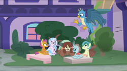 Size: 2208x1242 | Tagged: safe, derpibooru import, screencap, gallus, ocellus, sandbar, silverstream, smolder, yona, changedling, changeling, classical hippogriff, dragon, griffon, hippogriff, pony, yak, school daze, best friends, female, flying, friendship always wins, male, school of friendship, student six, waving