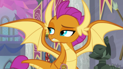 Size: 1280x720 | Tagged: safe, derpibooru import, screencap, smolder, dragon, a matter of principals, cyan eyes, dragon wings, dragoness, fangs, female, horns, lidded eyes, looking around, raised eyebrow, scavenger hunt, solo, spread wings, suspicious, teenaged dragon, teenager, wings