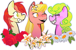 Size: 1280x833 | Tagged: safe, artist:stevetwisp, daisy, flower wishes, lily, lily valley, roseluck, earth pony, pony, flower, flower trio, grin, smiling