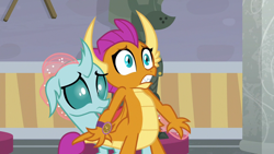 Size: 1280x720 | Tagged: safe, derpibooru import, screencap, ocellus, smolder, changedling, changeling, dragon, a matter of principals, dragoness, female