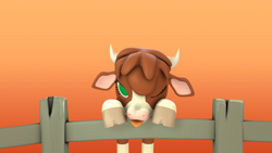 Size: 1080x607 | Tagged: safe, artist:hbits, derpibooru import, arizona cow, cow, them's fightin' herds, 3d, cloven hooves, community related, female, fence, gradient background, looking at you, one eye closed, solo, tongue out