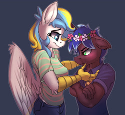Size: 2400x2200 | Tagged: safe, artist:passigcamel, derpibooru import, oc, oc only, oc:lily sky, oc:lock down, anthro, hippogriff, unicorn, anthro oc, blushing, clothes, crossed arms, female, floppy ears, floral head wreath, flower, oc x oc, shipping, shirt, simple background, size difference, smiling