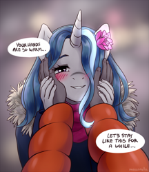 Size: 871x1006 | Tagged: safe, artist:mozzarella, derpibooru import, oc, oc only, oc:white lily-rose, anthro, unicorn, anthro oc, blushing, female, flower, flower in hair, hand, looking at you, mare, oc x oc, offscreen character, pov, shipping