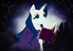 Size: 2480x1748 | Tagged: safe, artist:alicebluefeather, derpibooru import, oc, pony, unicorn, book, cape, clothes, dark, female, glowing horn, looking up, magic, sky, solo, stars