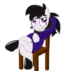 Size: 1590x1759 | Tagged: safe, artist:darkstorm619, derpibooru import, oc, oc only, oc:miss anne, arm behind head, chair, clothes, crossed legs, female, latex, latex boots, leaning back, riding crop, simple background, solo, transparent background