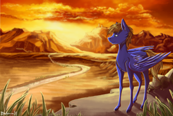 Size: 3000x2000 | Tagged: safe, artist:belorahels, oc, oc only, oc:cloud quake, pegasus, pony, commission, desert, digital art, folded wings, looking away, male, mountain, scenery, signature, solo, stallion, sunset, ych result