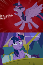 Size: 864x1296 | Tagged: safe, derpibooru import, edit, edited screencap, screencap, twilight sparkle, twilight sparkle (alicorn), alicorn, horse play, school daze, bed, comic, cropped, floppy ears, messy mane, nightmare, solo, text, that pony sure does love books