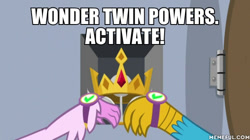 Size: 600x337 | Tagged: safe, derpibooru import, edit, edited screencap, screencap, gallus, silverstream, a matter of principals, crown, crown of grover, image macro, jewelry, meme, regalia, wonder twins