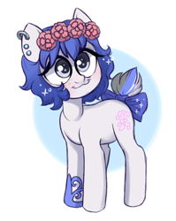 Size: 676x849 | Tagged: safe, artist:kapusha-blr, derpibooru import, oc, oc only, earth pony, pony, bow, ear piercing, earring, floral head wreath, flower, jewelry, piercing, smiling, solo, sparkles, tail bow