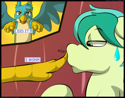 Size: 2350x1850 | Tagged: safe, artist:flash_draw, derpibooru import, gallus, sandbar, earth pony, griffon, pony, comic:boring days, boop, comic, dialogue, gallbar, gay, interspecies, male, nervous, offscreen character, shipping, sitting, surprised, sweat, sweatdrop, tongue out