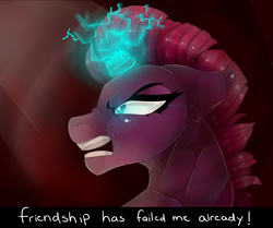 Size: 5693x4767 | Tagged: safe, artist:fluffideer, artist:tempwilzze, derpibooru import, tempest shadow, unicorn, abstract background, absurd resolution, broken horn, bust, eye scar, female, glowing horn, mare, muscles, rage, scar, sparking horn, text