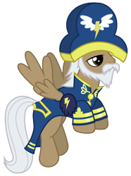 Size: 2231x3000 | Tagged: safe, artist:brony-works, pegasus, pony, testing testing 1-2-3, admiral fairweather, ancient wonderbolts uniform, beard, bicorne, clothes, facial hair, flying, hat, high res, male, moustache, simple background, solo, stallion, transparent background, uniform, vector