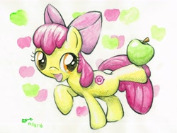 Size: 3770x2828 | Tagged: safe, artist:michiito, derpibooru import, apple bloom, earth pony, pony, adorabloom, apple, balancing, cute, female, filly, food, solo, traditional art