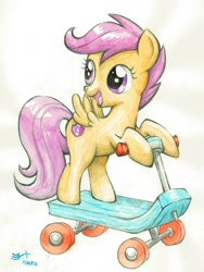 Size: 1500x2000 | Tagged: safe, artist:michiito, derpibooru import, scootaloo, pegasus, pony, cute, cutealoo, female, filly, looking back, open mouth, scooter, solo, traditional art