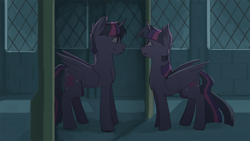 Size: 1024x576 | Tagged: safe, artist:bypenandhoof, dusk shine, prince dusk, twilight sparkle, twilight sparkle (alicorn), alicorn, pony, female, male, mare, mirror, night, reflection, rule 63, stallion