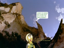 Size: 846x635 | Tagged: safe, artist:didgereethebrony, derpibooru import, daring do, oc, oc:didgeree, australia, bandaged wing, blue mountains, cliffs, dialogue, fish eyed lens, hanging rock, hat, implied didgeree, mlp in australia, speech bubble, sweat, valley, yelling