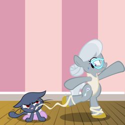 Size: 800x800 | Tagged: safe, artist:magerblutooth, silver spoon, oc, oc:dazzle, cat, pony, comic:diamond and dazzle, ballet, clothes, dancing, leotard, monday, tutu