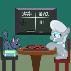 Size: 800x800 | Tagged: safe, artist:magerblutooth, silver spoon, oc, oc:dazzle, cat, pony, comic:diamond and dazzle, book, chair, checkers, match, vector