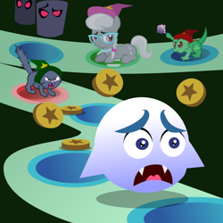 Size: 800x800 | Tagged: safe, artist:magerblutooth, silver spoon, oc, oc:dazzle, oc:iggy, cat, ghost, pony, undead, comic:diamond and dazzle, blue space, boo (super mario), coin, hat, mario, mario party, mario party 2, mystery space, red space, wizard hat