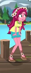 Size: 150x349 | Tagged: safe, screencap, gloriosa daisy, equestria girls, legend of everfree, clothes, flower, flower in hair, pier, shoes, shorts, solo