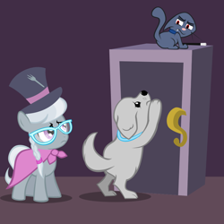 Size: 800x800 | Tagged: safe, artist:magerblutooth, silver spoon, oc, oc:dazzle, oc:imperius, cat, dog, pony, comic:diamond and dazzle, cape, clothes, door, fork, magic, magic wand