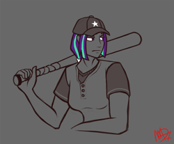 Size: 1052x871 | Tagged: safe, artist:madness-with-reason, derpibooru exclusive, aria blaze, human, baseball, baseball bat, humanized, monochrome, neo noir, partial color, solo