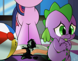 Size: 1427x1113 | Tagged: safe, artist:dsana, spike, twilight sparkle, dragon, pony, unicorn, accident, baby, baby spike, ball, beach ball, book, filly, filly twilight sparkle, guilty, ink, sad, younger