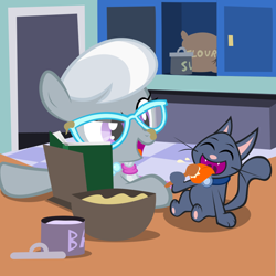 Size: 800x800 | Tagged: safe, artist:magerblutooth, silver spoon, oc, oc:dazzle, cat, earth pony, pony, comic:diamond and dazzle, baking, book, bowl, cookbook, cooking, duo, eyes closed, flour, food, kitchen, licking, mixing bowl, open mouth, smiling, spoon, sugar (food), this will end in weight gain, tongue out