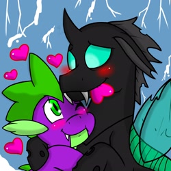 Size: 2048x2048 | Tagged: safe, artist:yaoilover113, spike, thorax, changeling, dragon, blushing, cute, gay, heart, hug, male, shipping, smiling, thoraxspike