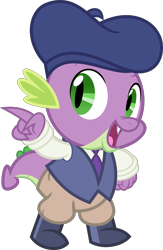 Size: 3519x5396 | Tagged: safe, artist:jhayarr23, derpibooru import, spike, dragon, horse play, beret, boots, clothes, director spike, hat, male, necktie, pants, pointing, shirt, shoes, simple background, solo, transparent background, vector, vest