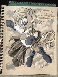 Size: 1536x2048 | Tagged: safe, artist:andypriceart, derpibooru import, earth pony, pony, andy you magnificent bastard, boob window, cape, clothes, female, grayscale, lampshade hanging, mare, monochrome, ponified, power girl, signature, solo, superhero, traditional art