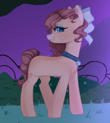 Size: 898x1000 | Tagged: safe, artist:harusocoma, derpibooru import, oc, oc:party night, earth pony, pony, bedroom eyes, cutie mark, female, grass, looking at you, mare, smiling, solo