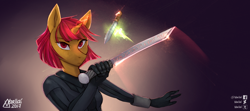 Size: 2560x1140 | Tagged: safe, artist:varllai, derpibooru import, oc, oc only, oc:tsangefis, anthro, unicorn, anthro oc, bodysuit, female, looking at you, magic, signature, solo, sword, weapon